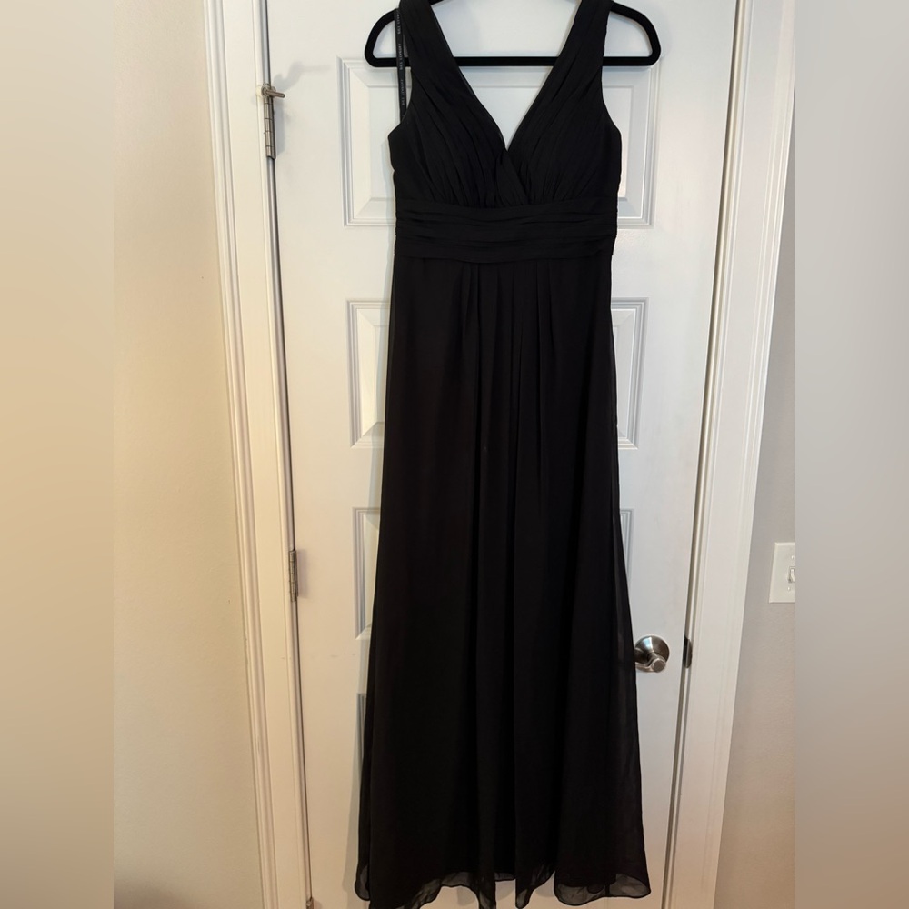 Black v-neck bridesmaid dress.